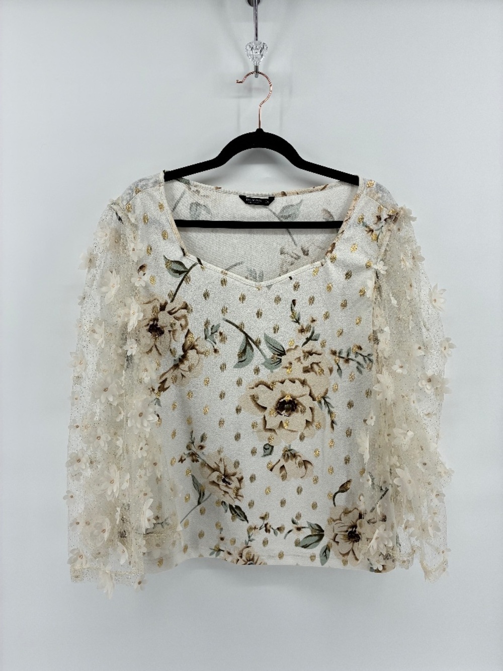 MASSIVE $10 SALE  Sheer Square Neck 3-D Flowers Metallic Butterfly Sleeves Top